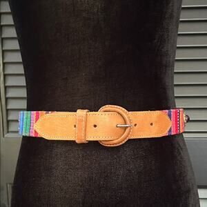 Vintage Express Guatemalan Woven Multicolor Patterned Belt with Tan Leather, Med